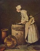 Jean Simeon Chardin Frau, Geschirr scheuernd oil painting